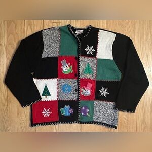 Vintage Crystal-Kobe Women's Ugly Christmas Sweater Patchwork Cardigan, Size L